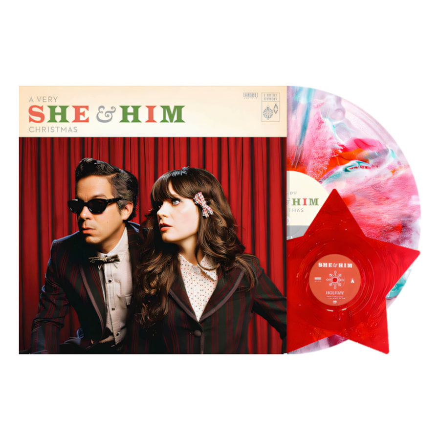 She & Him a Very She & Him Christmas Festive Smush with Red Star Shape Vinyl LP (Christmas card!)