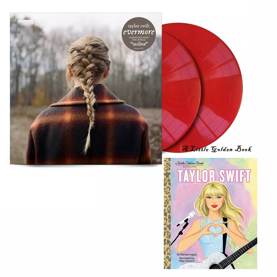 Taylor Swift Evermore Exclusive 2x LP Red Colored Vinyl and A Little Golden Book Biography Hardcover Picture Book.