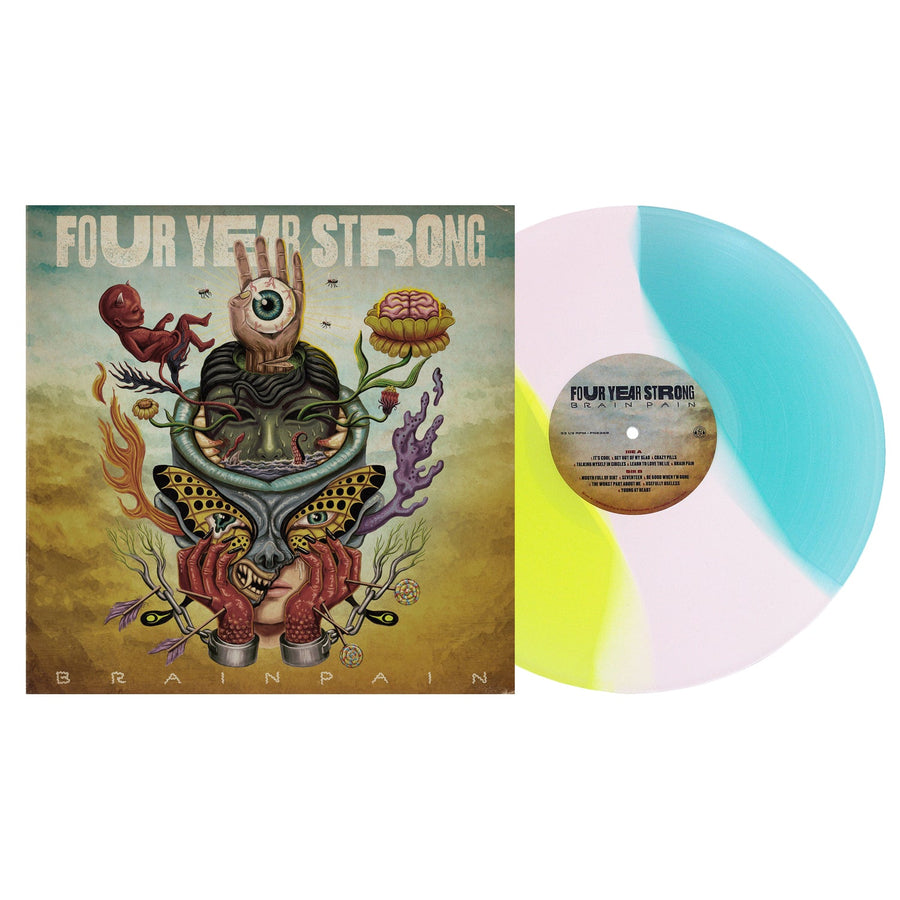 Four Year Strong ‎- Brain Pain Exclusive Limited Edition Electric Blue/Bone/Yellow Stripe Color Vinyl LP Record